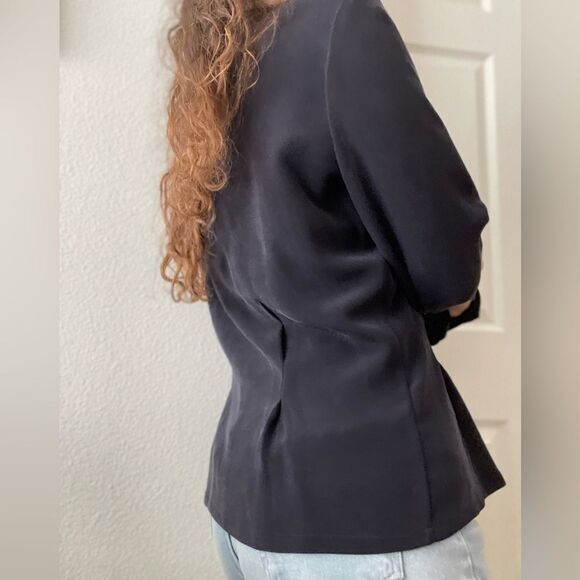 Vintage Dana Buchman Black Silk Button Down Blouse Longsleeve Peter Pan Collar 8 - Picture 2 of 5